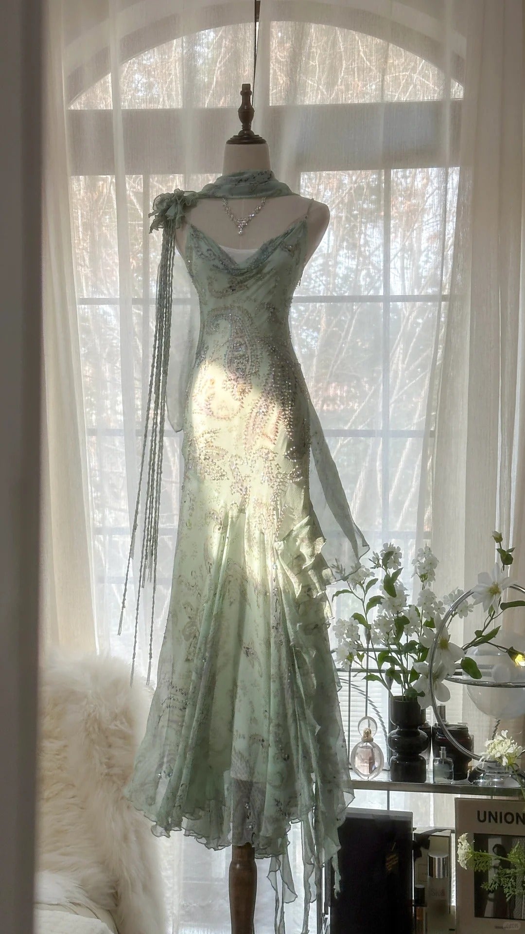 Mint Green Romantic Fashion Elegant Exquisite Beading Spaghetti Straps Long Tulle Chiffon Ruffle Ball Gown Formal Evening Dresses Party Dresses