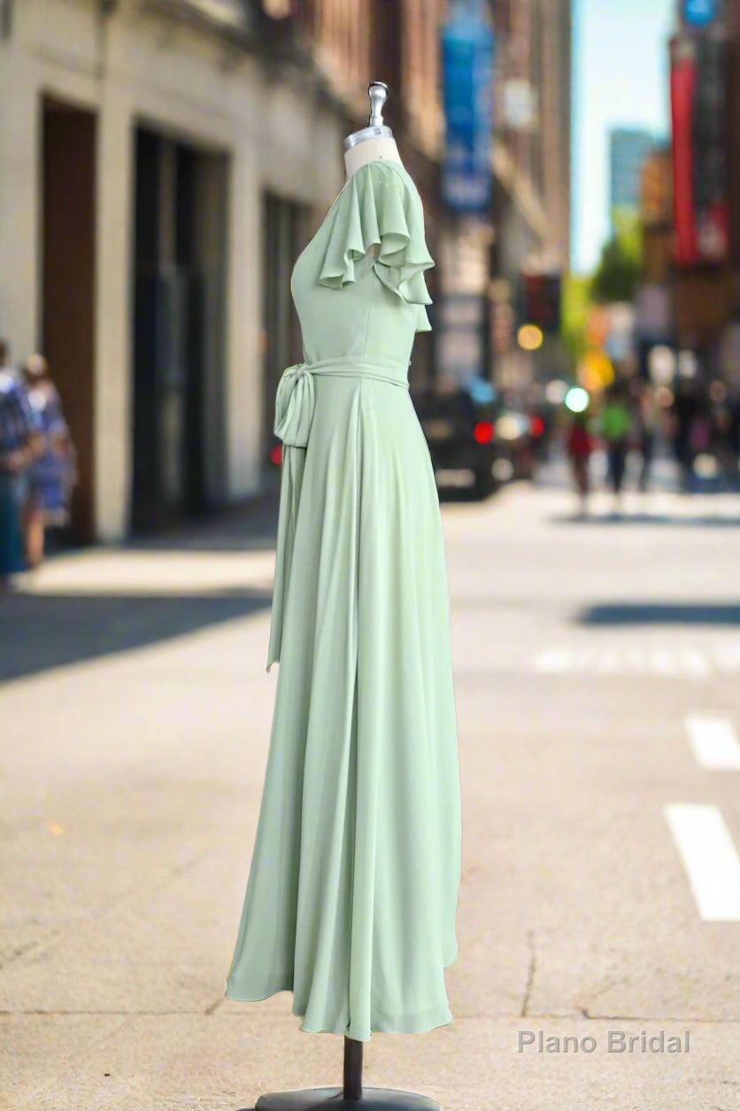 Mint Green Sheath Floor Length Short Sleeves V-Neck Chiffon Bridesmaid Dresses Secondary image