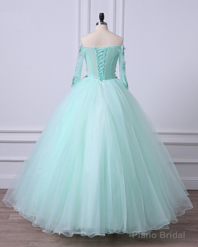 Mint Green Tulle Off Shoulder Long Sleeve Lace Applique Sweet 16 Prom Dress, Formal Dress Main image
