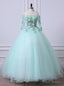 Mint Green Tulle Off Shoulder Long Sleeve Lace Applique Sweet 16 Prom Dress, Formal Dress