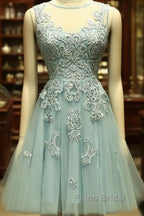 Mint Green Tulle Short Lace Beaded Knee Length Wedding Party Dresses, Lovely Homecoming Dresses Formal Prom Dresses