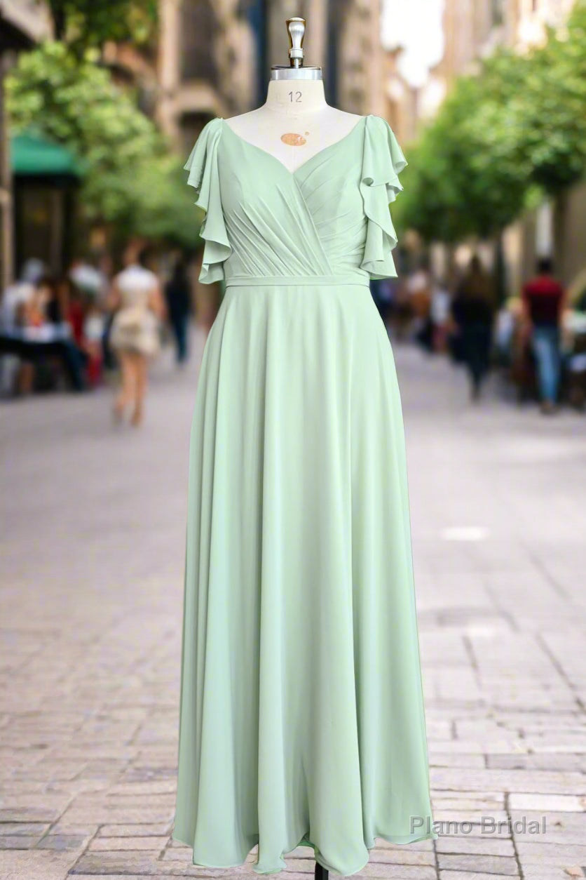 Mint Green V Neck Flutter Sleeve Backless Plus Size Bridesmaid Dresses Main image