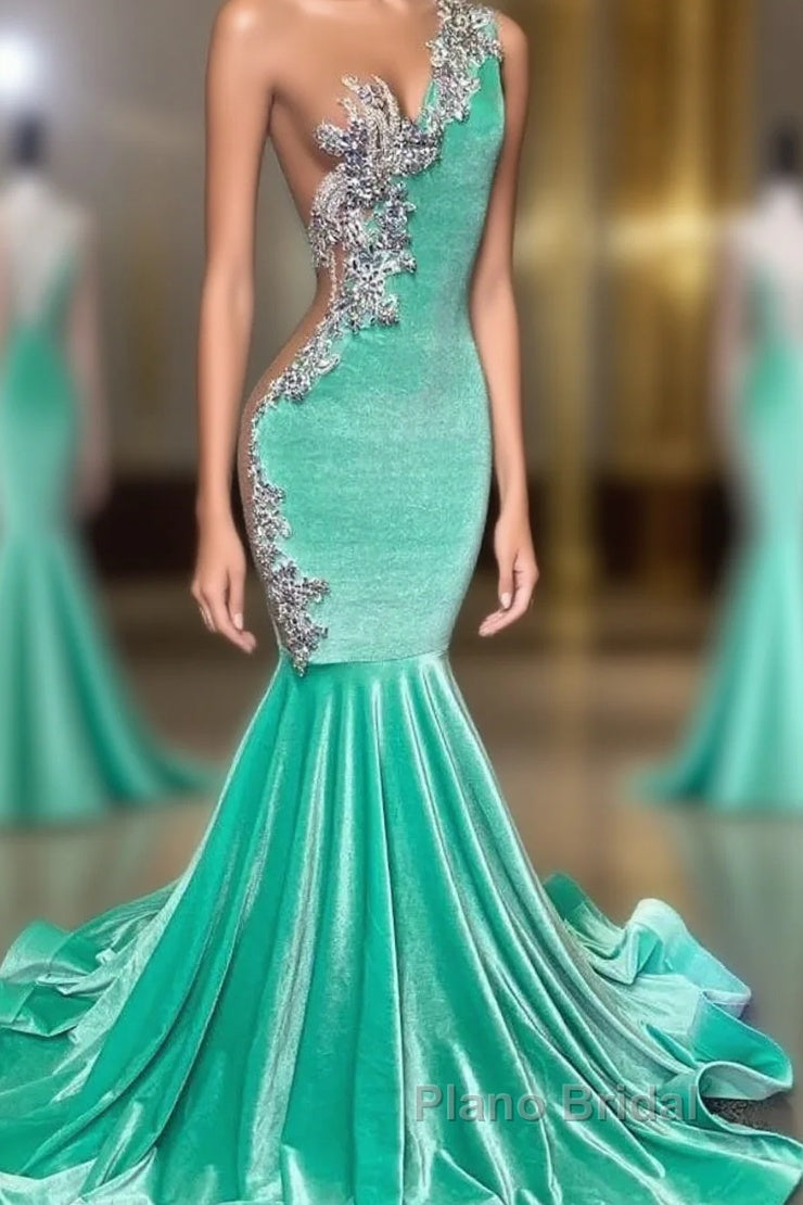 Mint Green Velvet Crstyal Sheer Mermaid Formal Prom Dresses Main image