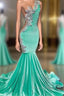 Mint Green Velvet Crstyal Sheer Mermaid Formal Prom Dresses