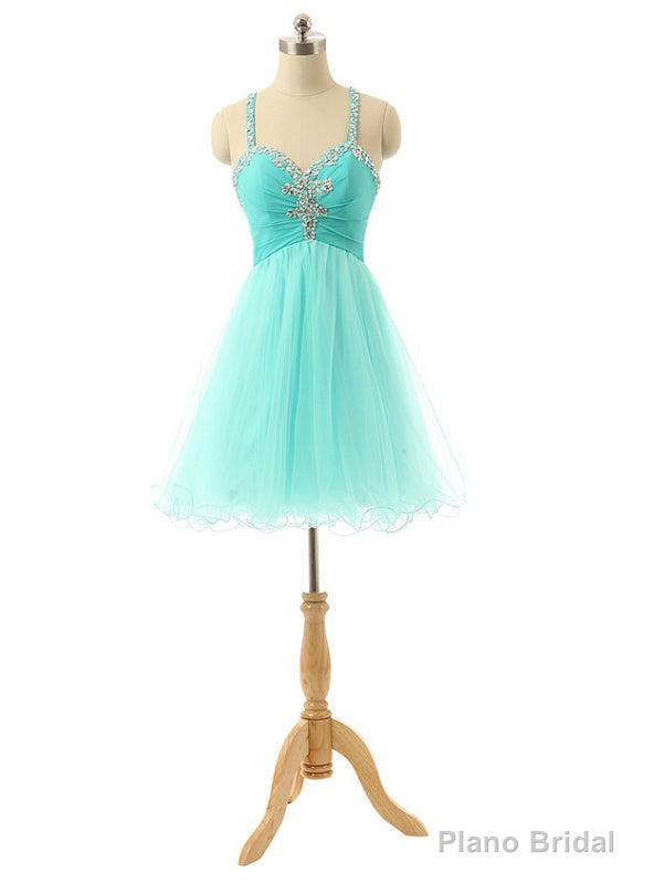 Mint Short Spaghetti Tulle Crystals Homecoming Dresses Main image