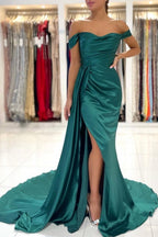 Modern Dark Green Off-The-Shoulder Slit Mermaid Prom Dresses