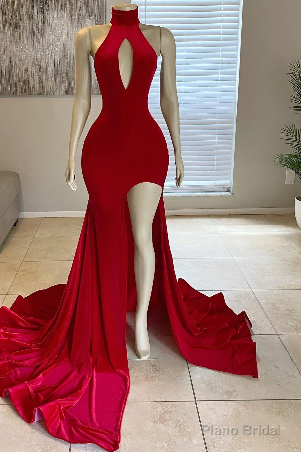 Modern High Neck Red Leg Split Mermaid Prom Dress Long Main image