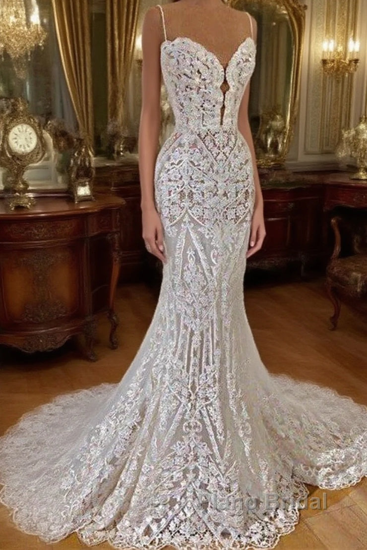 Modern Lace Mermaid Wedding Dresses Spaghetti Straps Appliques Bridal Gowns Main image