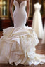 Modern Strapless Mermaid Ivory Wedding Dresses Tiered Ruffless Satin Bridal Gowns with Cathedral Train