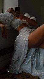 Modest 2 Pieces Sequin White Formal Prom Dresses 22Th Birthday Outfit
