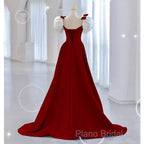 Modest A Line Long Short Sleeves Satin Red Formal Prom Dresses