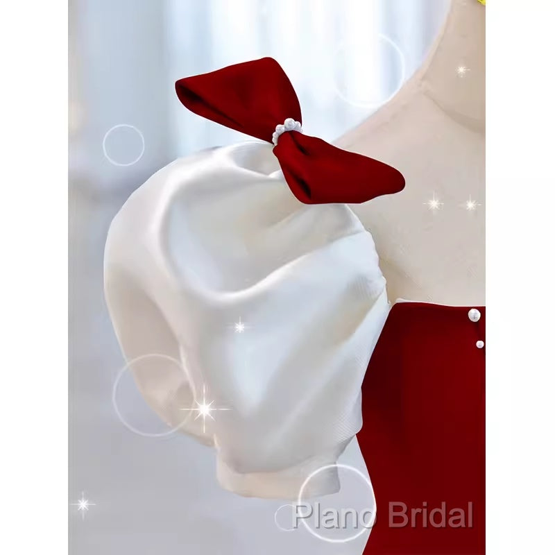 Modest A Line Long Short Sleeves Satin Red Formal Prom Dresses