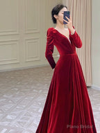 Modest A Line Long Sleeves Red Satin Evening Dress Prom Dresses