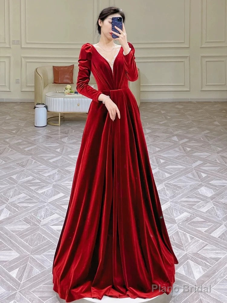 Modest A Line Long Sleeves Red Satin Evening Dress Prom Dresses Main image