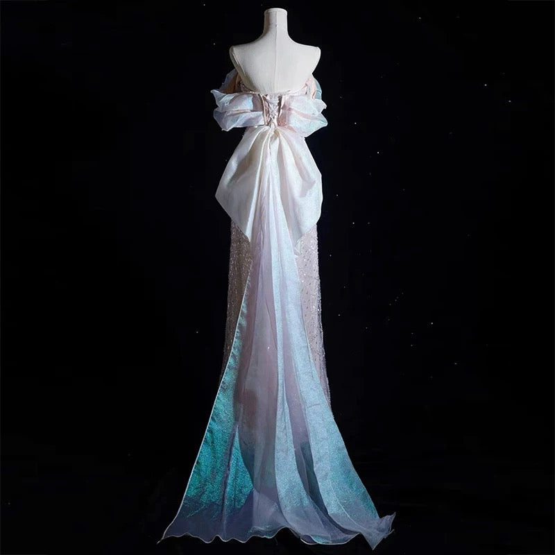 Modest A Line Off The Shoulder Pink Sequin Long Floor Length Pearls Formal Prom Dresses Secondary image