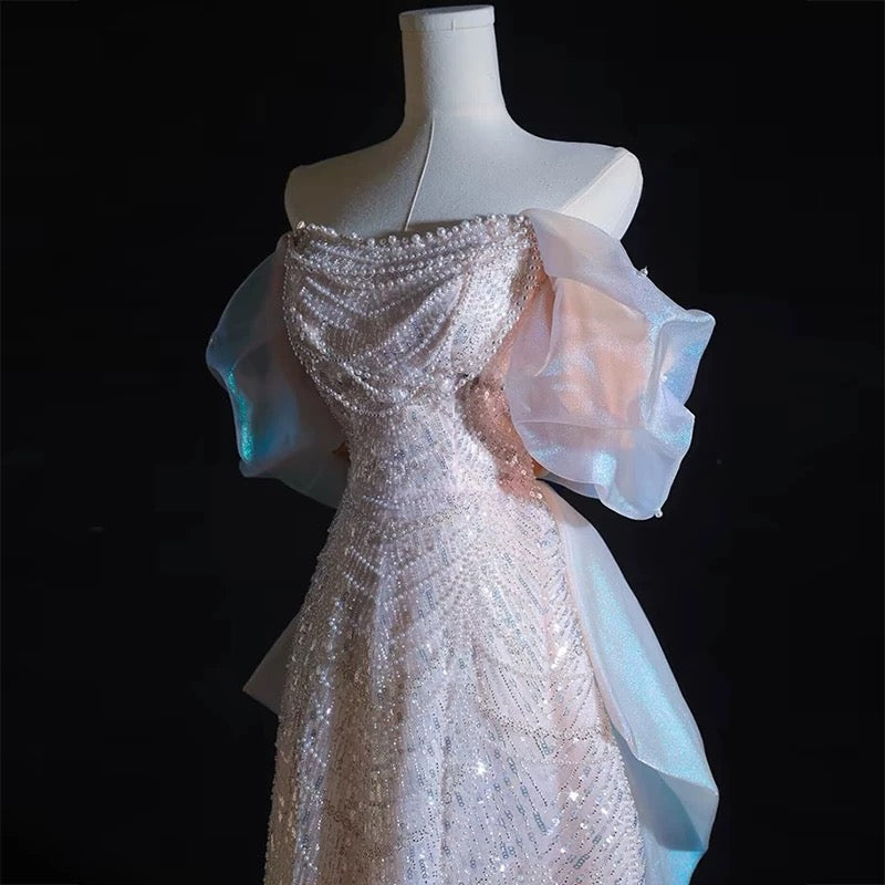 Modest A Line Off The Shoulder Pink Sequin Long Floor Length Pearls Formal Prom Dresses