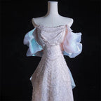Modest A Line Off The Shoulder Pink Sequin Long Floor Length Pearls Formal Prom Dresses