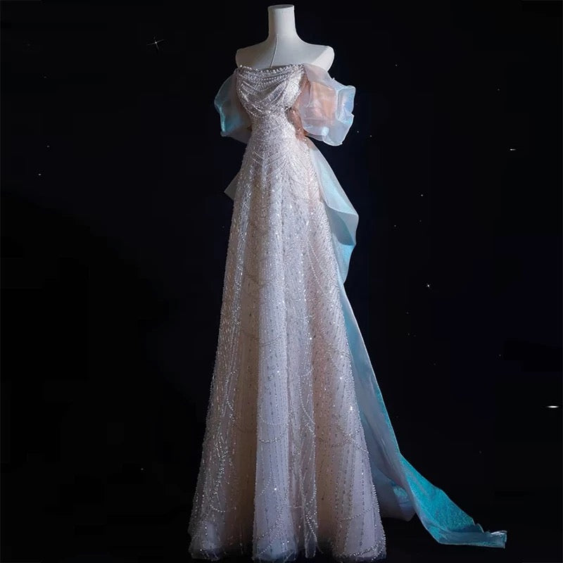 Modest A Line Off The Shoulder Pink Sequin Long Floor Length Pearls Formal Prom Dresses
