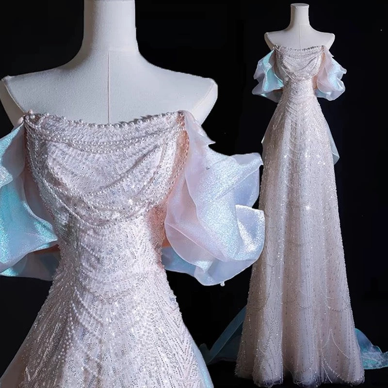 Modest A Line Off The Shoulder Pink Sequin Long Floor Length Pearls Formal Prom Dresses Main image