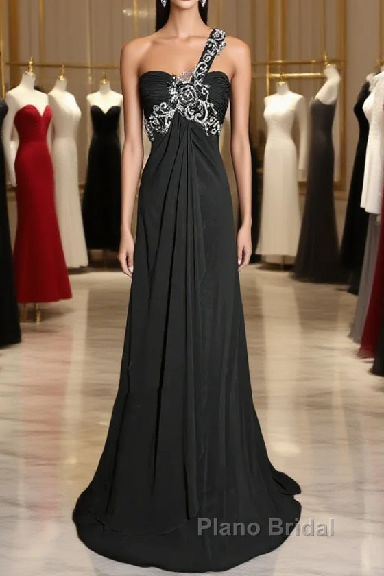 Modest A Line One Shoulder Gray Chiffon Long Formal Prom Dresses Party Dresses