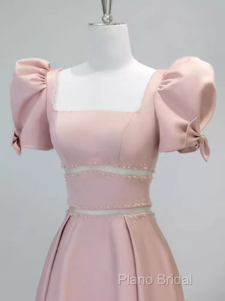 Modest A Line Short Sleeves Long Pink Formal Prom Dresses