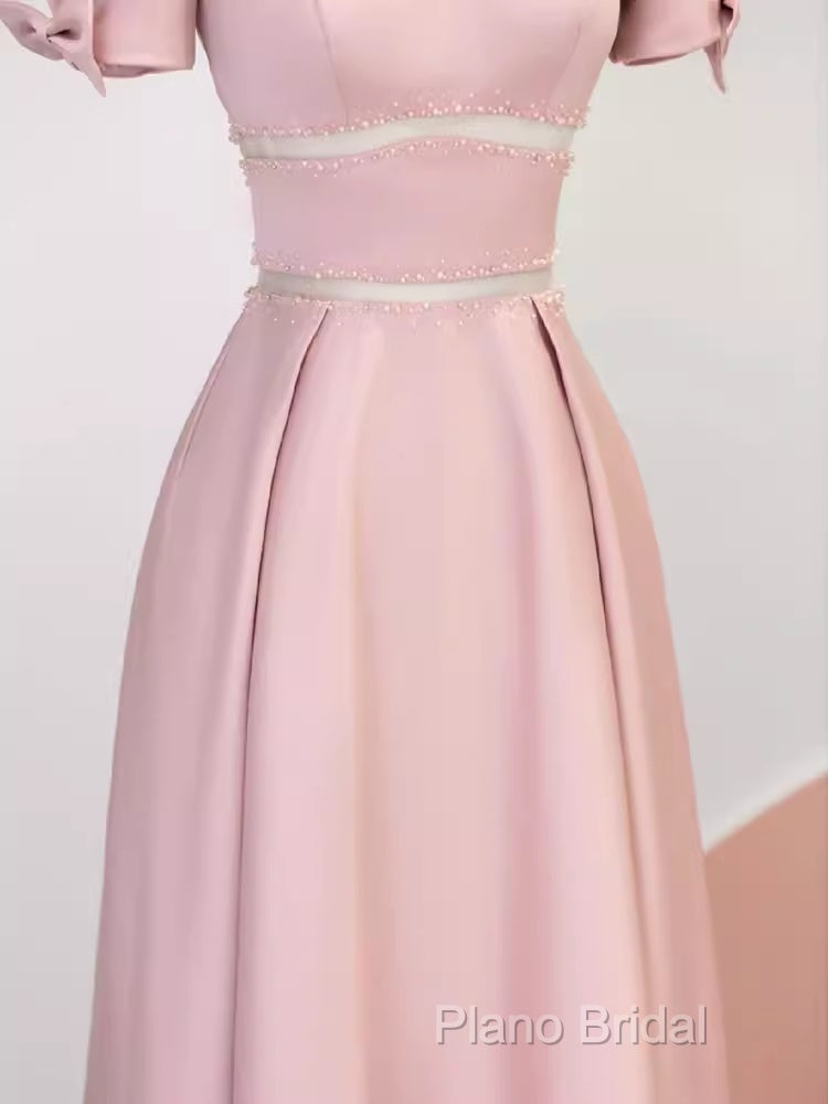 Modest A Line Short Sleeves Long Pink Formal Prom Dresses