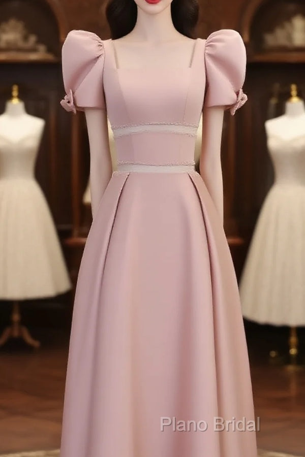 Modest A Line Short Sleeves Long Pink Formal Prom Dresses Main image