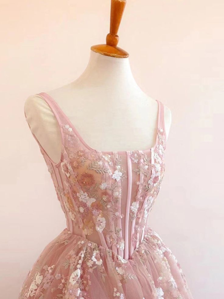Modest A Line Square Neckline Sleeveless Pink Floral Lace Floor Length Formal Prom Dresses Secondary image