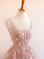Modest A Line Square Neckline Sleeveless Pink Floral Lace Floor Length Formal Prom Dresses