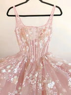Modest A Line Square Neckline Sleeveless Pink Floral Lace Floor Length Formal Prom Dresses