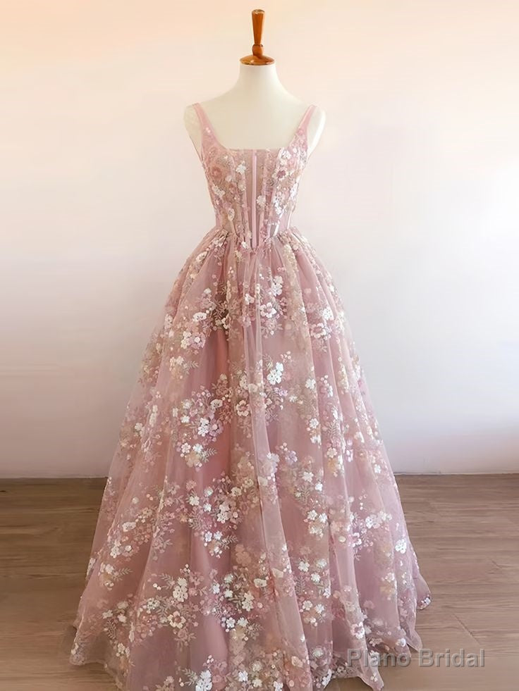 Modest A line Square Neckline Sleeveless Pink Floral Lace Floor Length Prom Dresses Main image