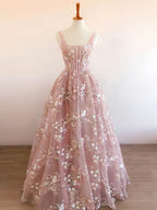 Modest A Line Square Neckline Sleeveless Pink Floral Lace Floor Length Formal Prom Dresses