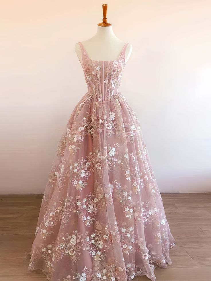 Modest A Line Square Neckline Sleeveless Pink Floral Lace Floor Length Formal Prom Dresses