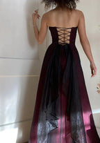 Modest A Line Strapless Burgundy Tulle Beads Long Party Dresses Formal Prom Dresses