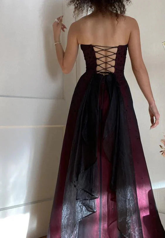Modest A Line Strapless Burgundy Tulle Beads Long Party Dresses Formal Prom Dresses