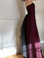 Modest A Line Strapless Burgundy Tulle Beads Long Party Dresses Formal Prom Dresses