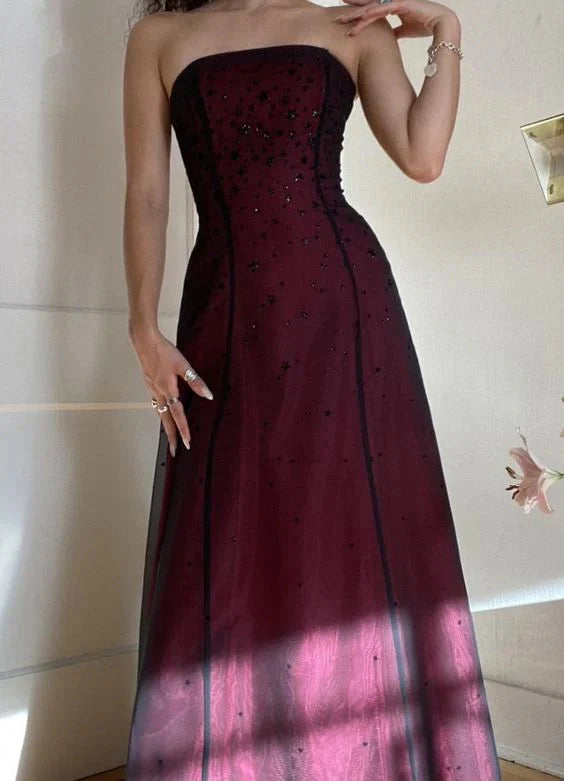 Modest A Line Strapless Burgundy Tulle Beads Long Party Dresses Formal Prom Dresses Main image