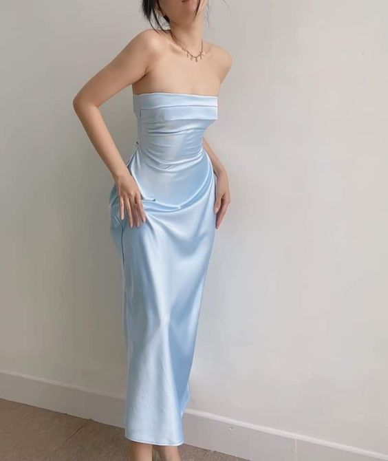 Modest A Line Strapless Long Light Sky Blue Satin Formal Prom Dresses