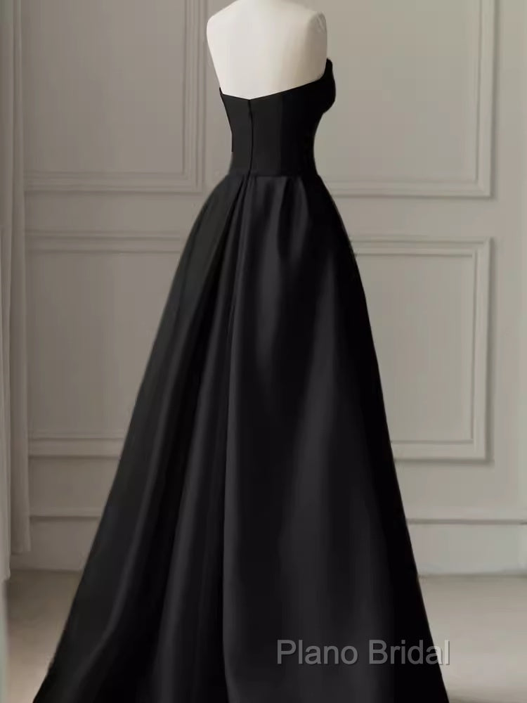 Modest A Line Strapless Long Satin Black Formal Prom Dresses