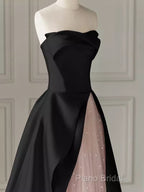 Modest A Line Strapless Long Satin Black Formal Prom Dresses
