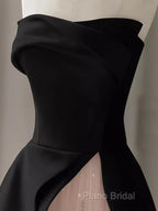 Modest A Line Strapless Long Satin Black Formal Prom Dresses