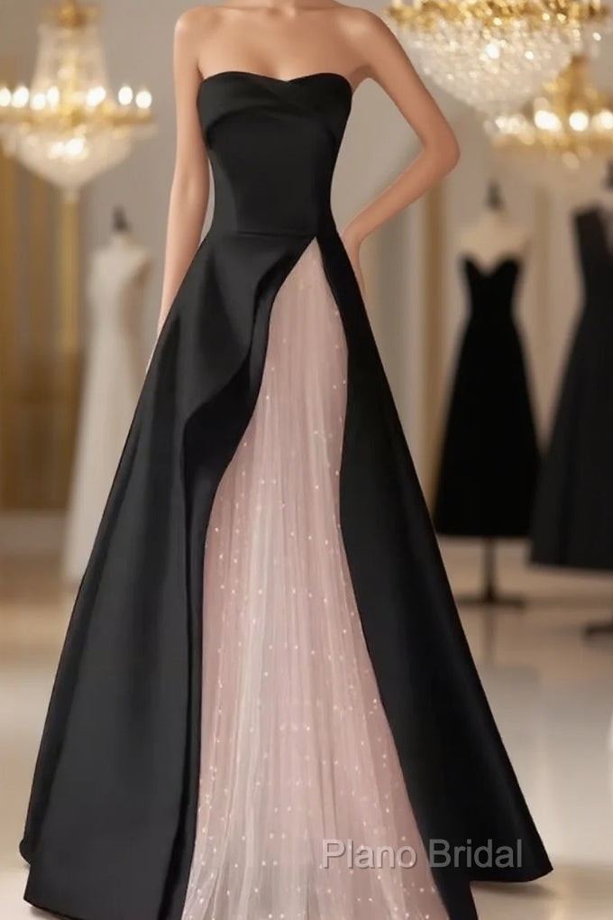 Modest A Line Strapless Long Satin Black Formal Prom Dresses Main image