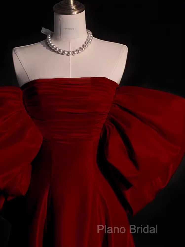 Modest A Line Strapless Long Short Sleeves Satin Red Formal Prom Dresses