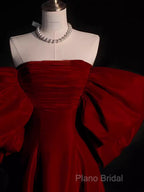 Modest A Line Strapless Long Short Sleeves Satin Red Formal Prom Dresses