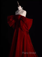 Modest A Line Strapless Long Short Sleeves Satin Red Formal Prom Dresses