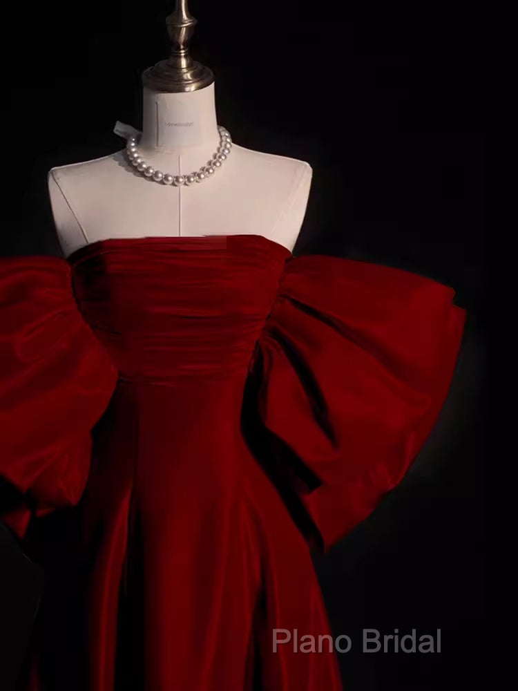 Modest A Line Strapless Long Short Sleeves Satin Red Formal Prom Dresses