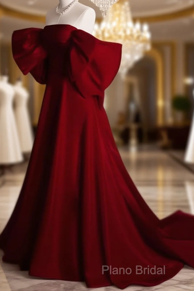 Modest A Line Strapless Long Short Sleeves Satin Red Formal Prom Dresses Main image