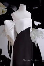 Modest A Line Strapless Long Sleeveless Satin Black Formal Prom Dresses