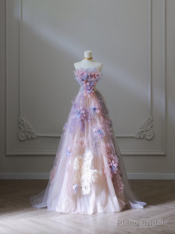 Modest A Line Strapless Pink Lace Tulle Flowers Evening Dress Prom Dresses Main image