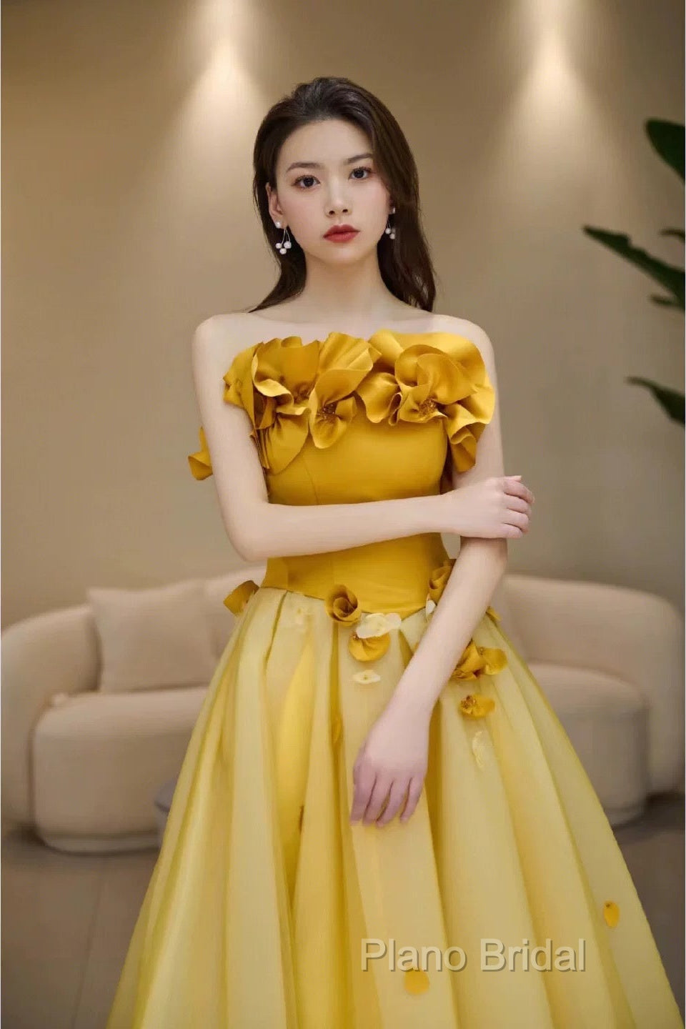 Modest A Line Strapless Yellow Tulle Long Formal Prom Dresses Party Dresses